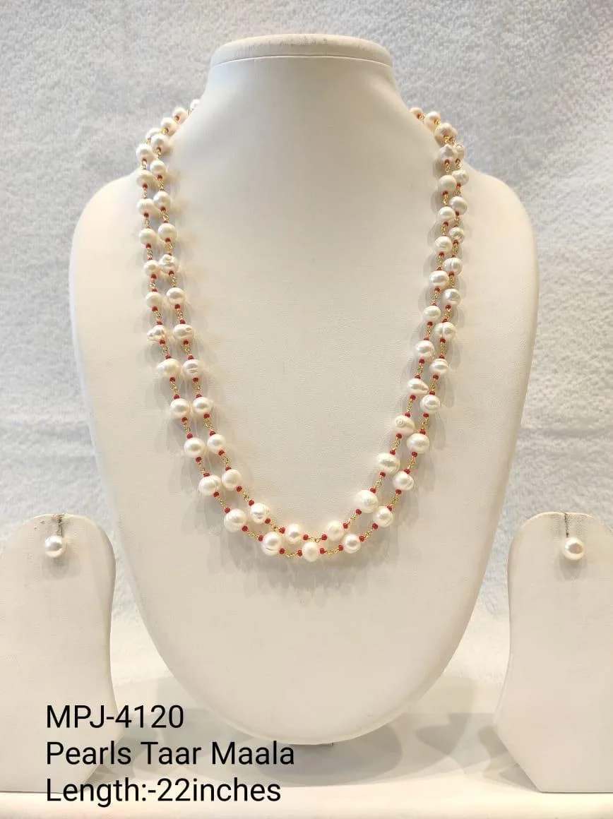 Red Accent White Pearl Double-Strand Necklace Set — 22 in — White & Red & Gold