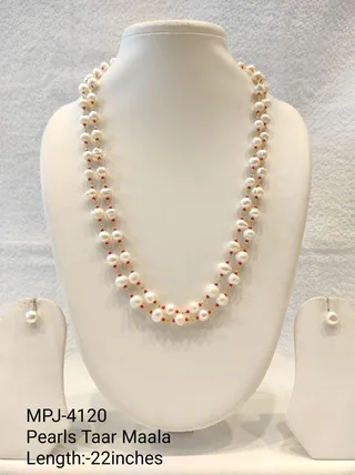 Red Accent White Pearl Double-Strand Necklace Set — 22 in