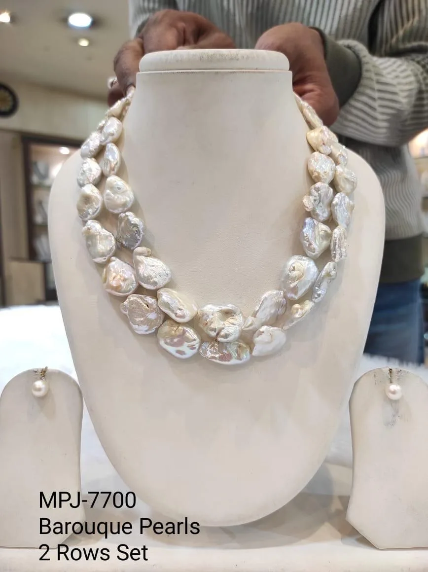 White Two-Row Disc Pearl Necklace Set — White