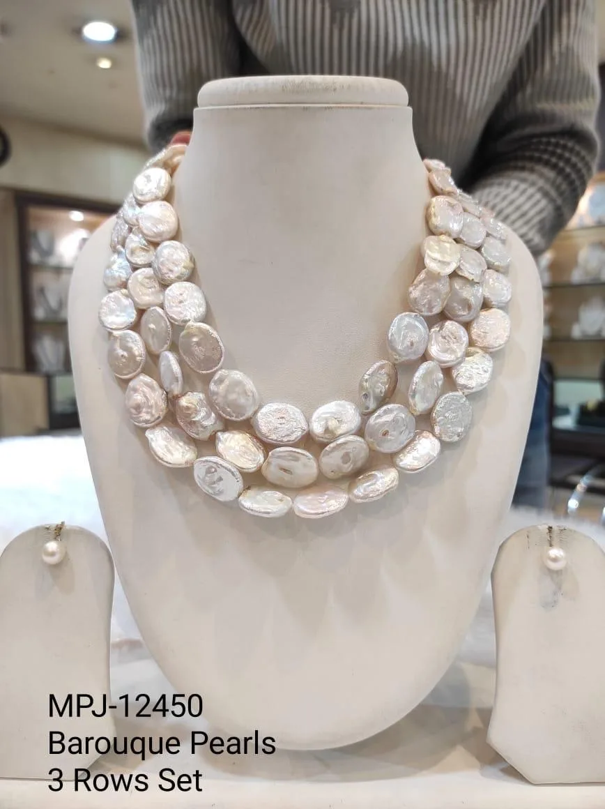 White Three-Row Disc Pearl Necklace Set — White