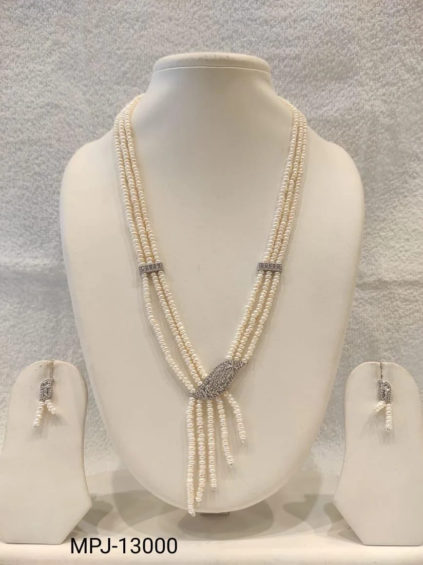 White & Silver — Multi-strand Freshwater Pearl necklace set — White & Silver