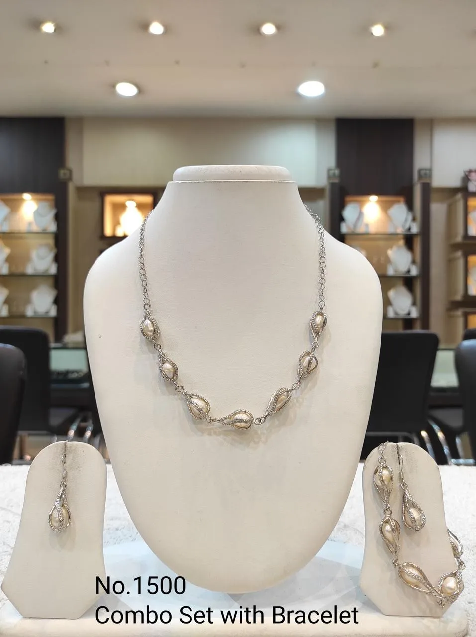 Silver & White — Neutral Freshwater Pearl teardrop necklace set — Silver & White