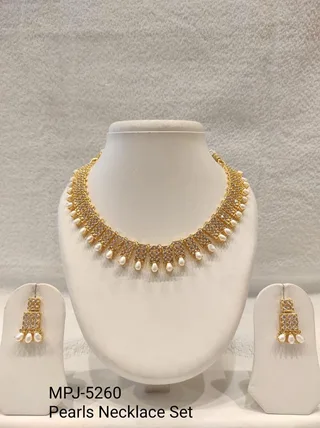 Gold Rectangular Pearl Fringe Necklace Set