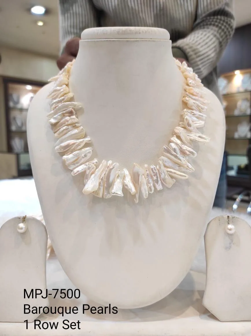 White Elongated Baroque Pearl Necklace Set — White
