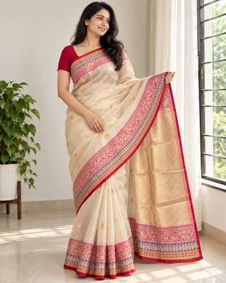 Beige — Handloom Tissue Silk Saree with Katan Border