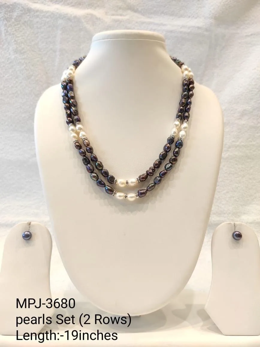 Two-row pearl necklace set — Black & White