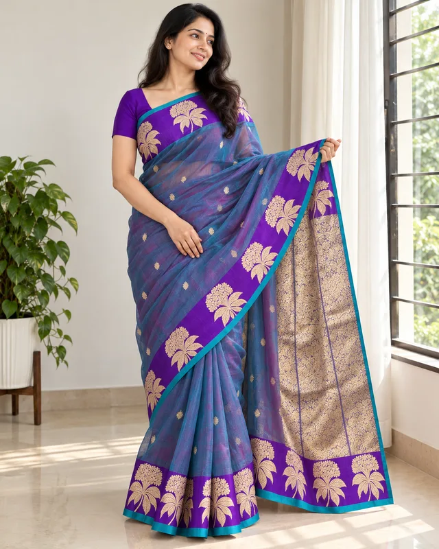 Blue — Handloom Tissue Silk Saree with Katan Border