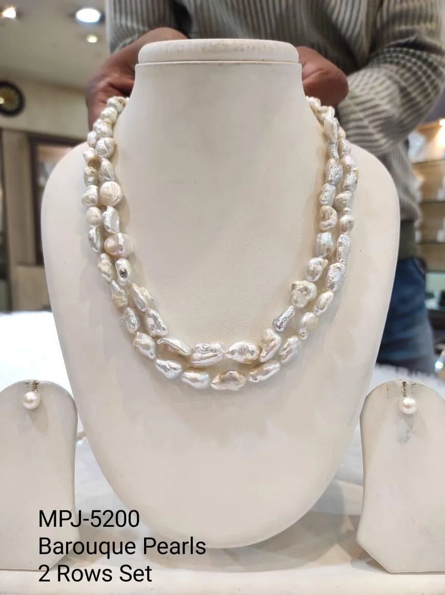 White Two-Row Slender Baroque Pearl Necklace Set — White