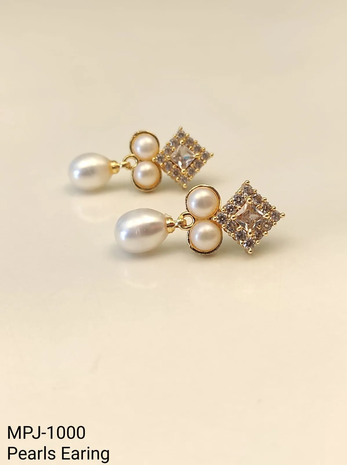 White Pearl Gold Square Crystal Drop Earrings — White & Gold