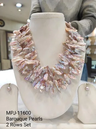 Pink Two-Row Elongated Statement Pearl Necklace Set
