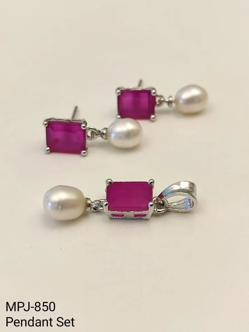 Purple Rectangular Pearl Pendant and Earrings Set — White & Purple & Silver