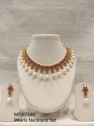 Pink and Green Floral Pearl Drop Necklace Set