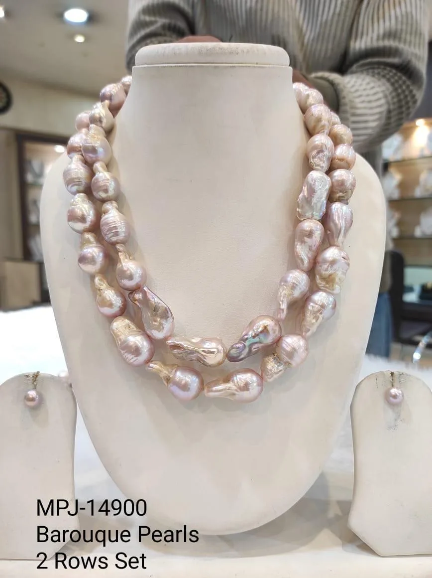 Pink Two-Row Oval Baroque Pearl Necklace Set — Pink & Cream