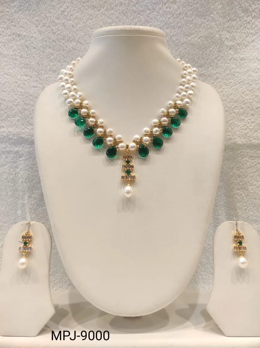 White & Green — Freshwater Pearl and Green Drop Necklace with Earrings — White & Green