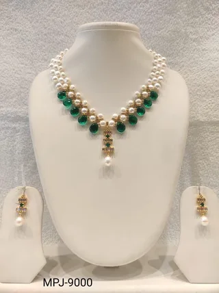 White & Green — Freshwater Pearl and Green Drop Necklace with Earrings