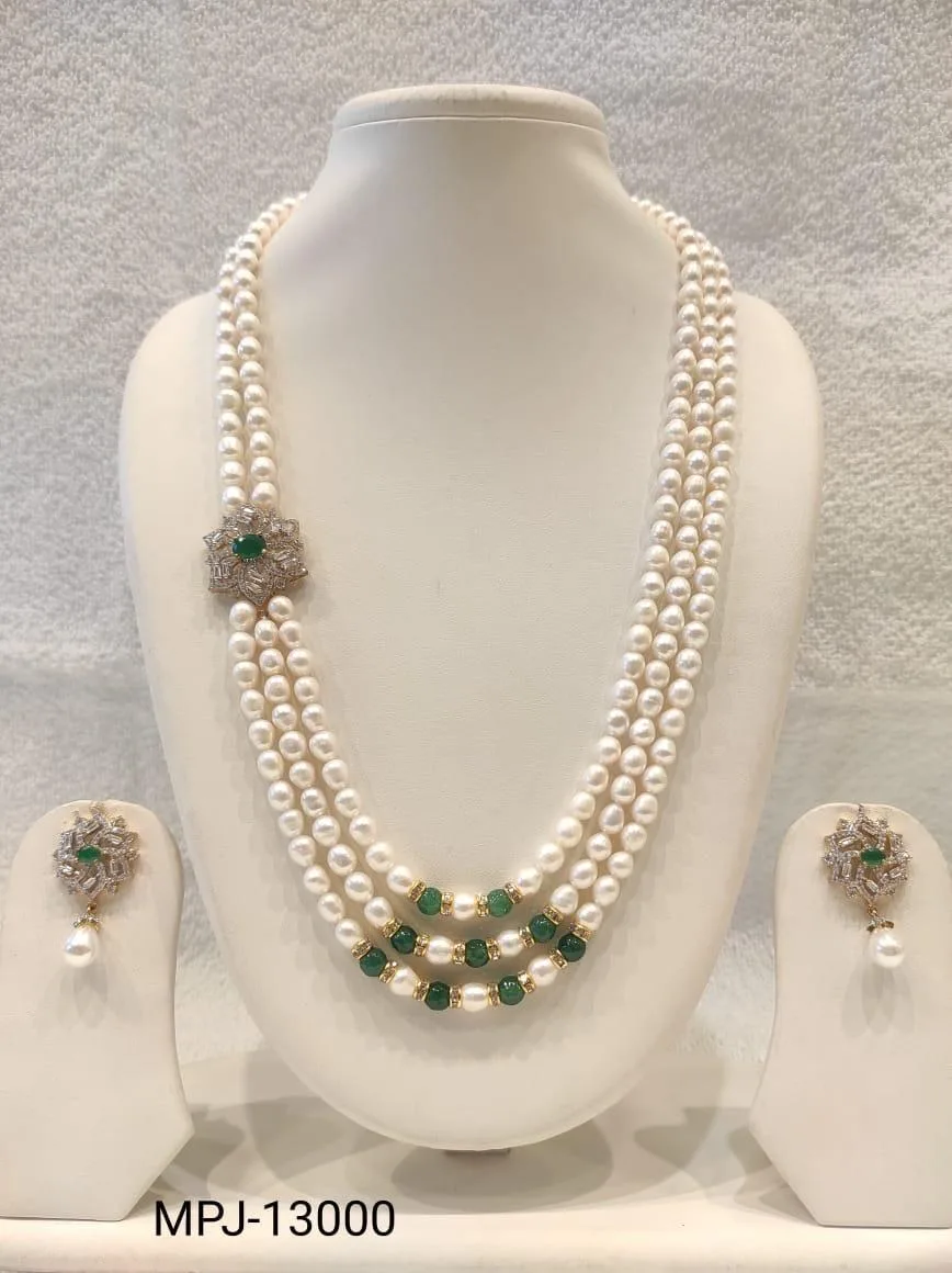 White & Green — Three-Strand Freshwater Pearl Necklace Set — White & Green