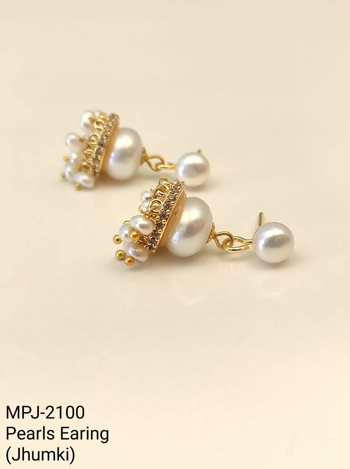 White Pearl Crown Jhumka Earrings — White & Gold