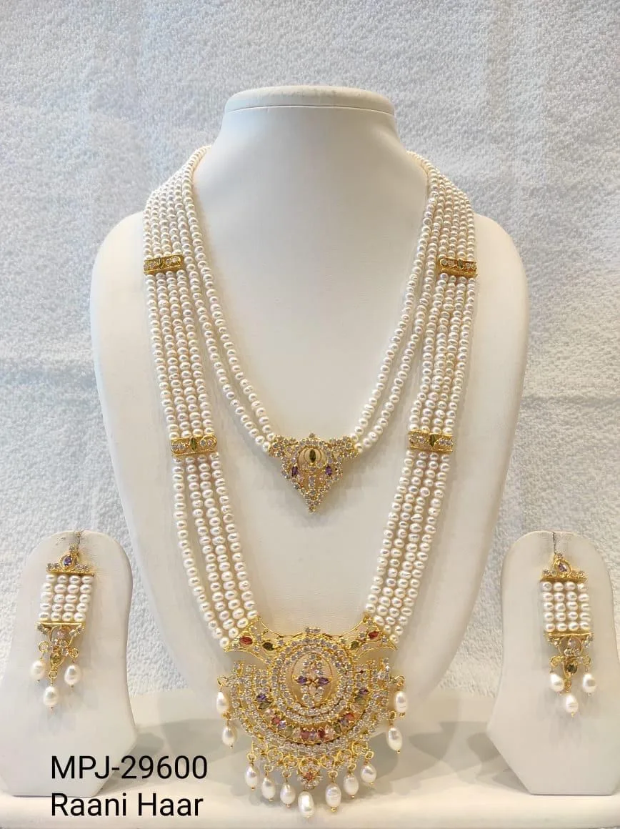 White & Gold — Freshwater Pearl Layered Necklace with Earrings — White & Gold
