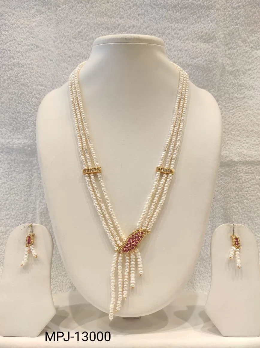 White & Red — Freshwater Pearl multi-strand necklace with earrings — White & Red