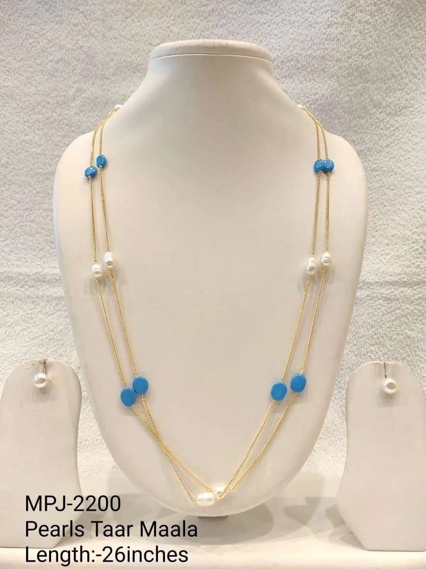 Blue and White Pearl Station Necklace Set — 26 in — White & Blue & Gold