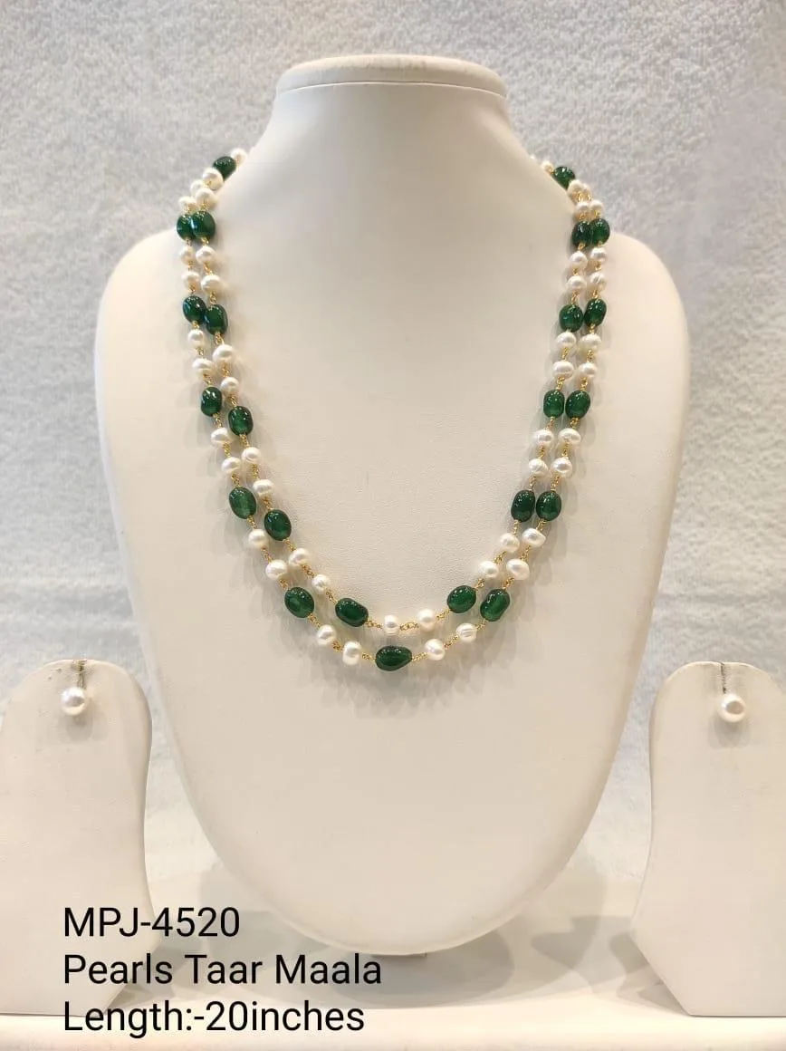 Green Accent Double-Strand Pearl Necklace Set — 20 in — White & Green & Gold