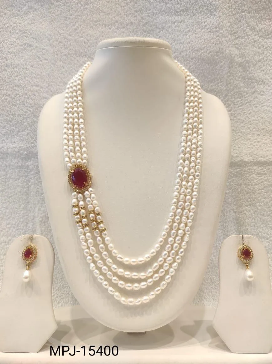 White & Pink — Multi-strand Freshwater Pearl necklace with stone and matching earrings — White & Pink