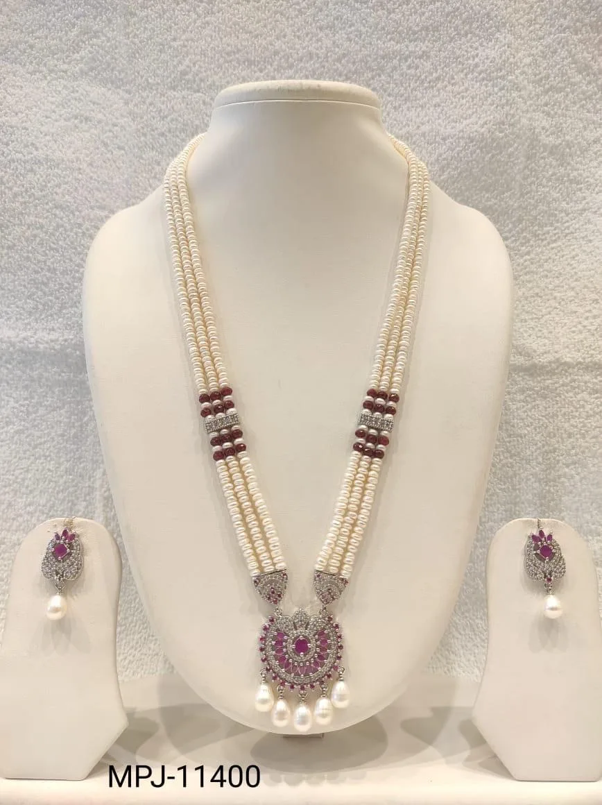 White & Purple — Multi-strand Freshwater Pearl necklace with matching earrings — White & Purple