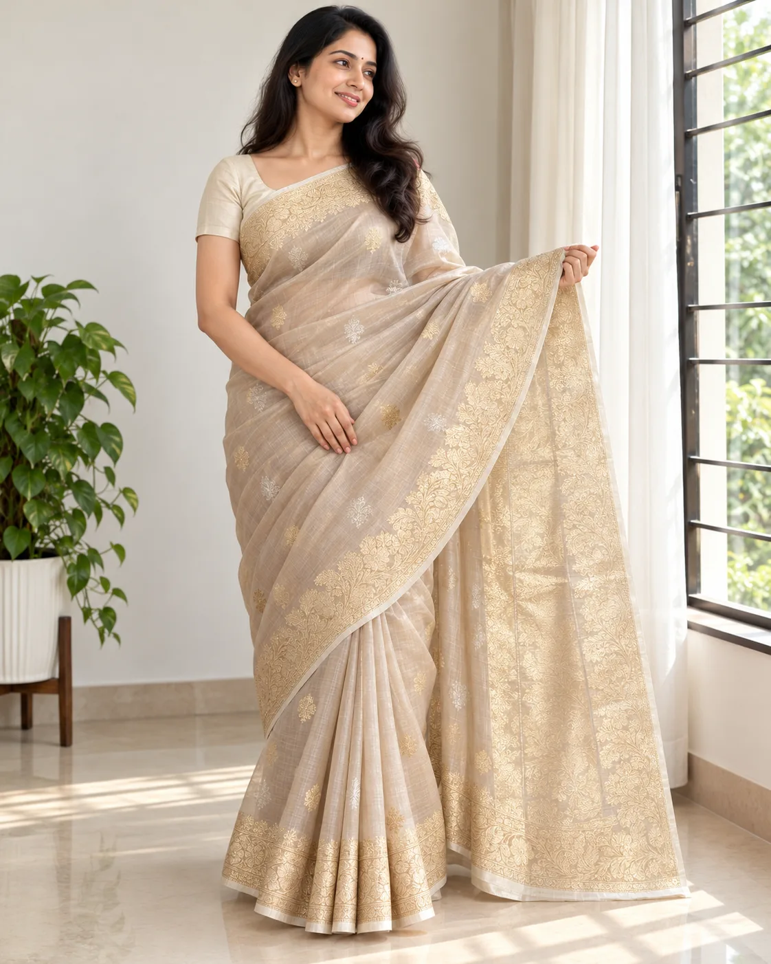 Handloom Tissue Silk Saree with Katan Border — Cream Beige