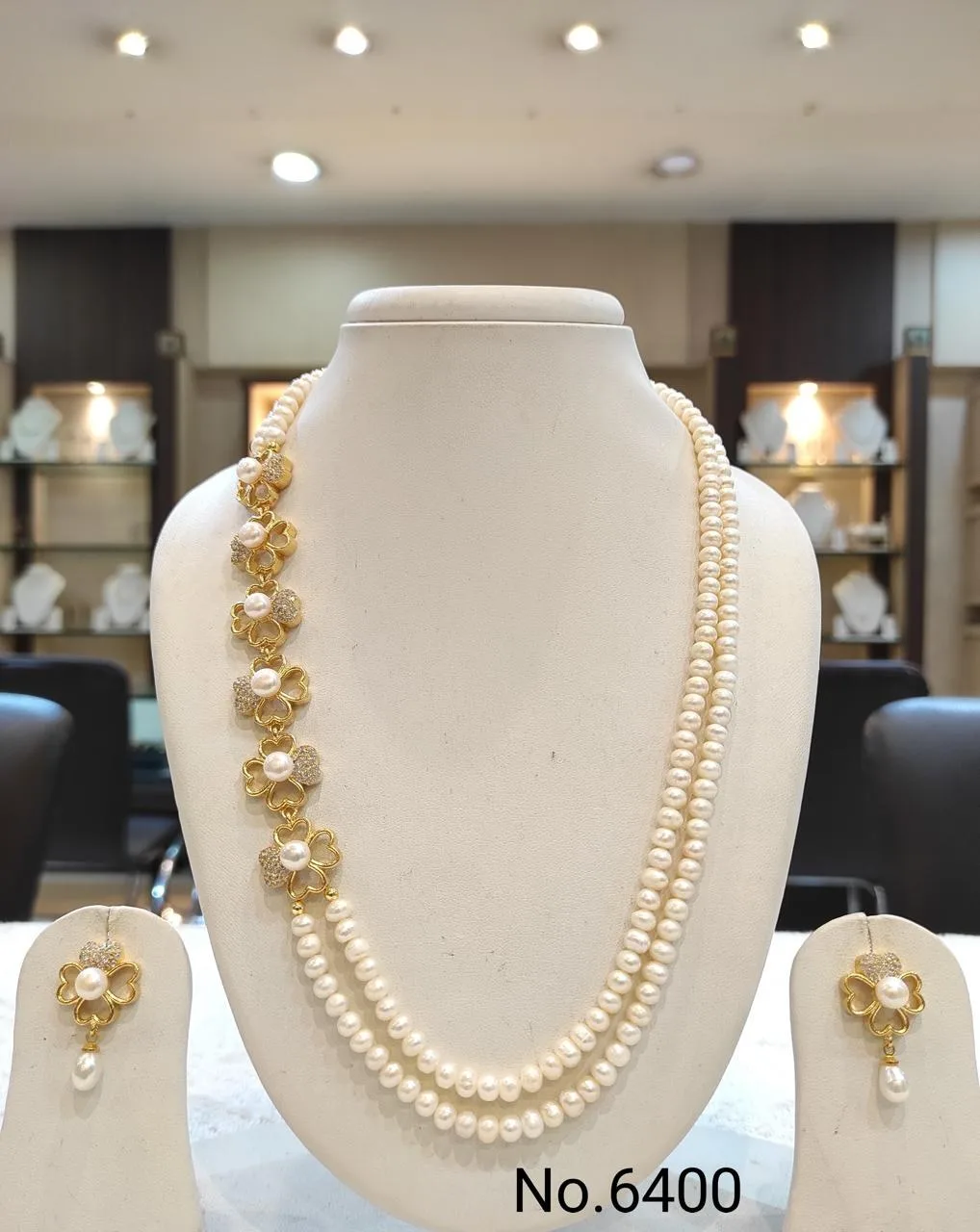 White & Gold — Double strand Freshwater Pearl necklace with floral earrings — White & Gold