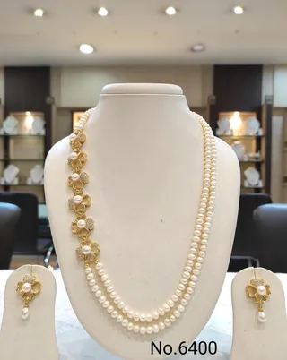 White & Gold — Double strand Freshwater Pearl necklace with floral earrings