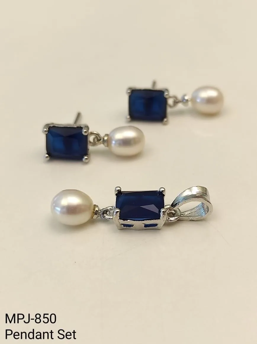 Navy Rectangular Pearl Pendant and Earrings Set — White & Navy Blue & Silver