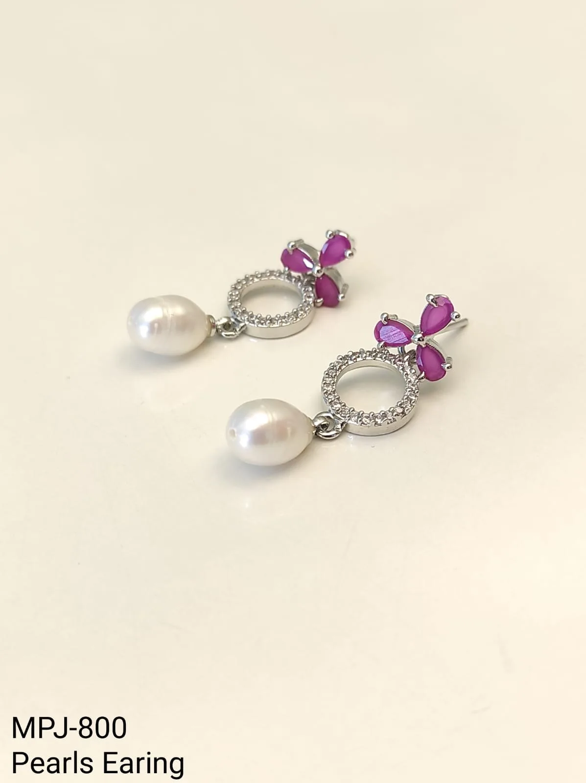 Magenta Petal Accent Pearl Drop Earrings — White & Magenta & Silver