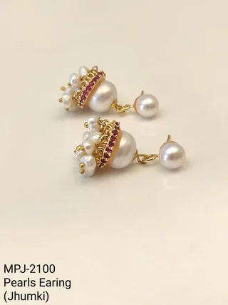 Ruby Red Accent Pearl Crown Jhumka Earrings