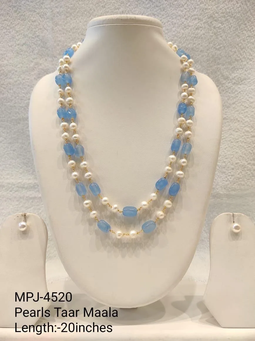 Sky Blue Double-Strand Pearl Necklace Set — 20 in — White & Sky Blue & Gold