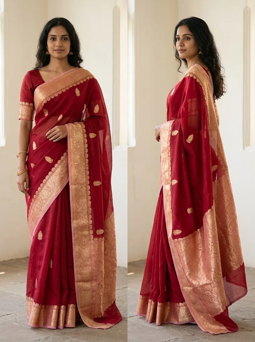Maroon Banarasi Kora Organza Saree with Blouse Piece — Maroon