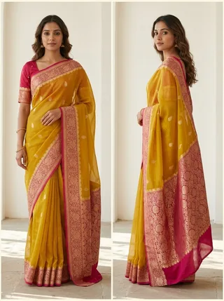 Benarsi Kora Organza  Contrast Pallu & Blouse Piece
