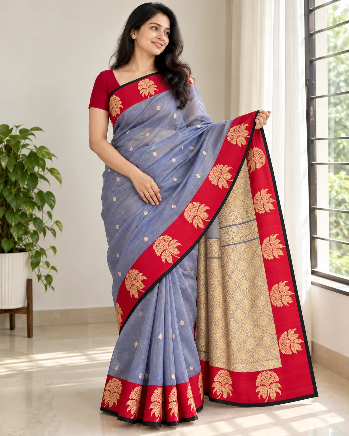Handloom Tissue Silk Saree with Katan Border — Purple