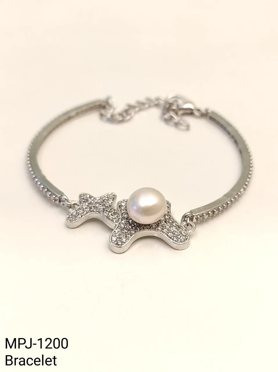 Silver & White — Crystal studded bracelet with Freshwater Pearl detail — Silver & White