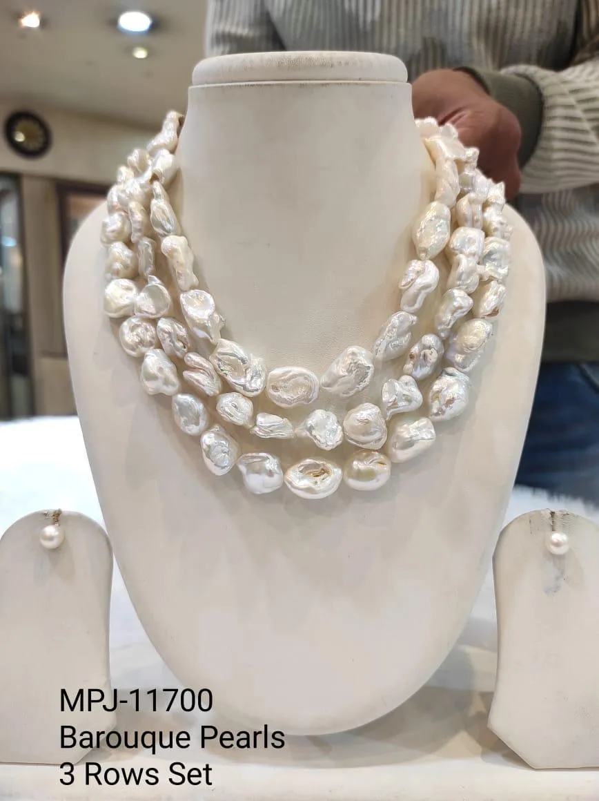 White Three-Row Coin Baroque Pearl Necklace Set — White