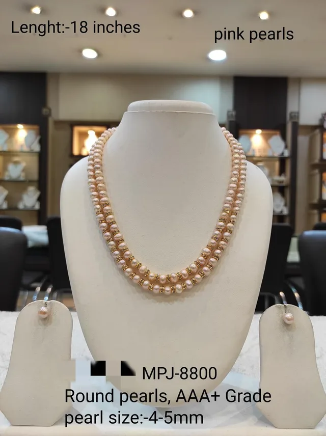Pink round pearl necklace set — Pink