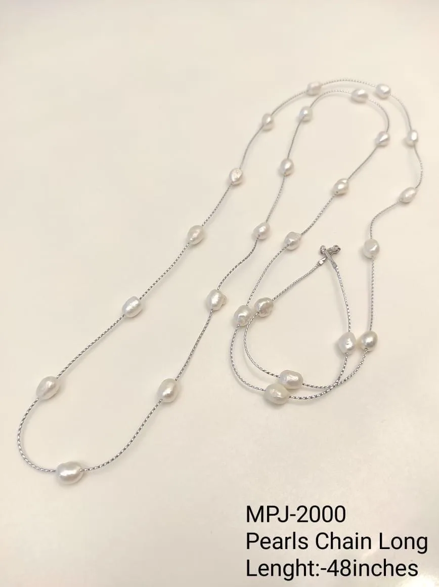 White Pearl Station Chain — 48 inches — White & Silver