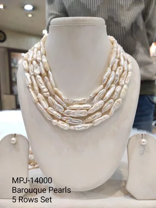 White Five-Row Elongated Baroque Pearl Necklace Set