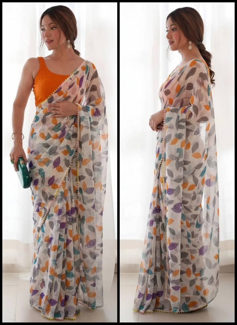 Orange Heavy Chiffon with Lace border & Blouse — Orange