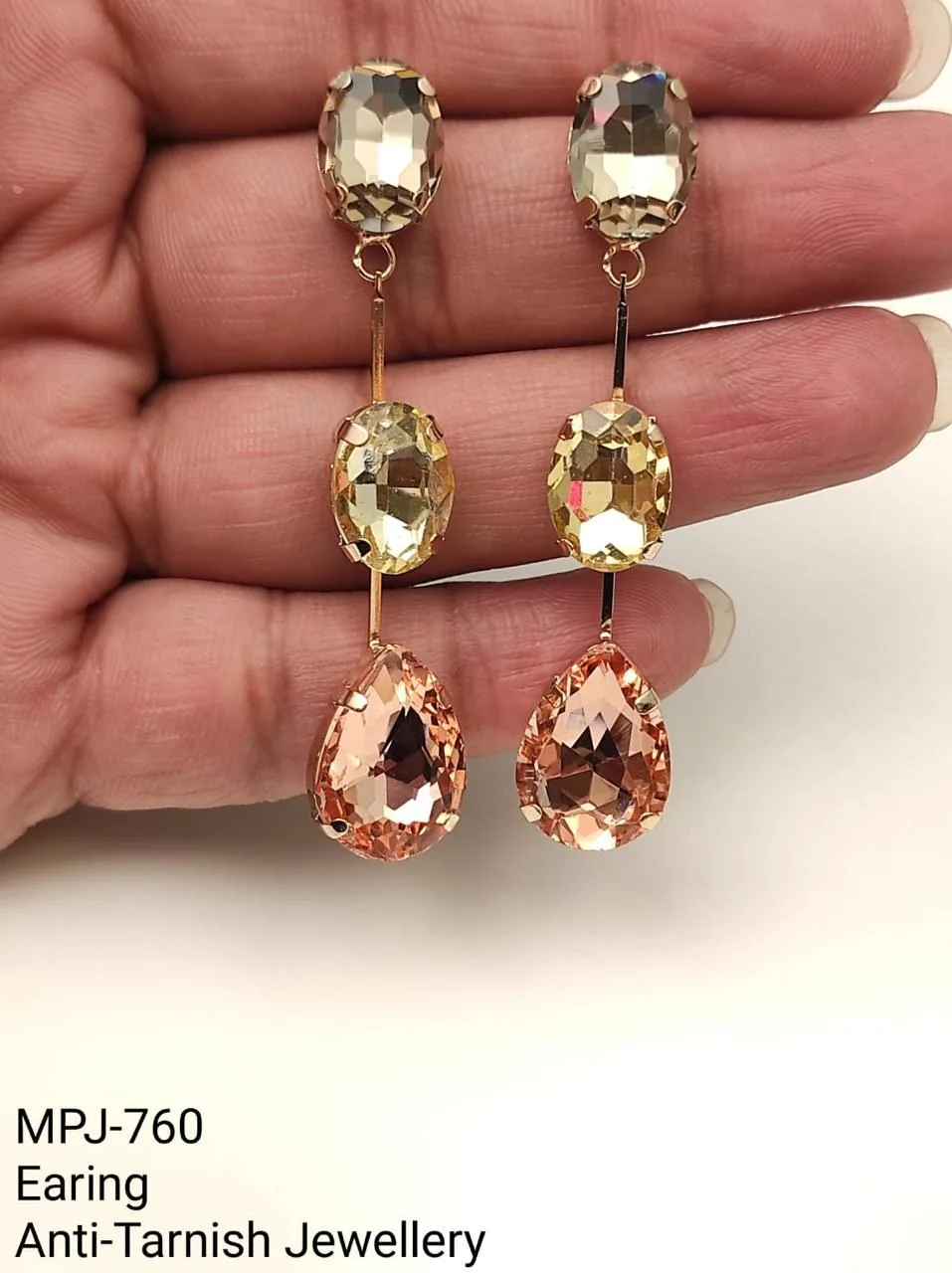 Brown & Peach & Gold — Long drop clear stone earrings — Brown & Peach & Gold