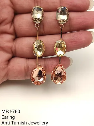 Brown & Peach & Gold — Long drop clear stone earrings
