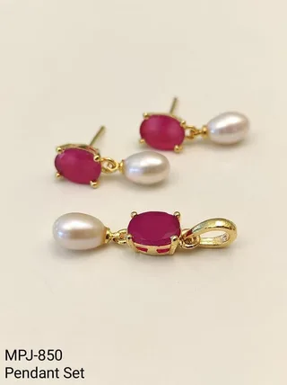 Ruby Red Oval Pearl Pendant and Earrings Set