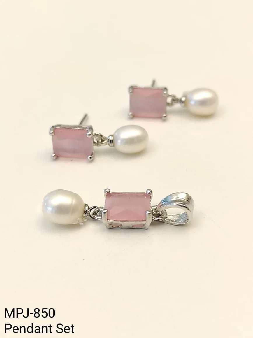 Pink Rectangular Pearl Pendant and Earrings Set — White & Pink & Silver