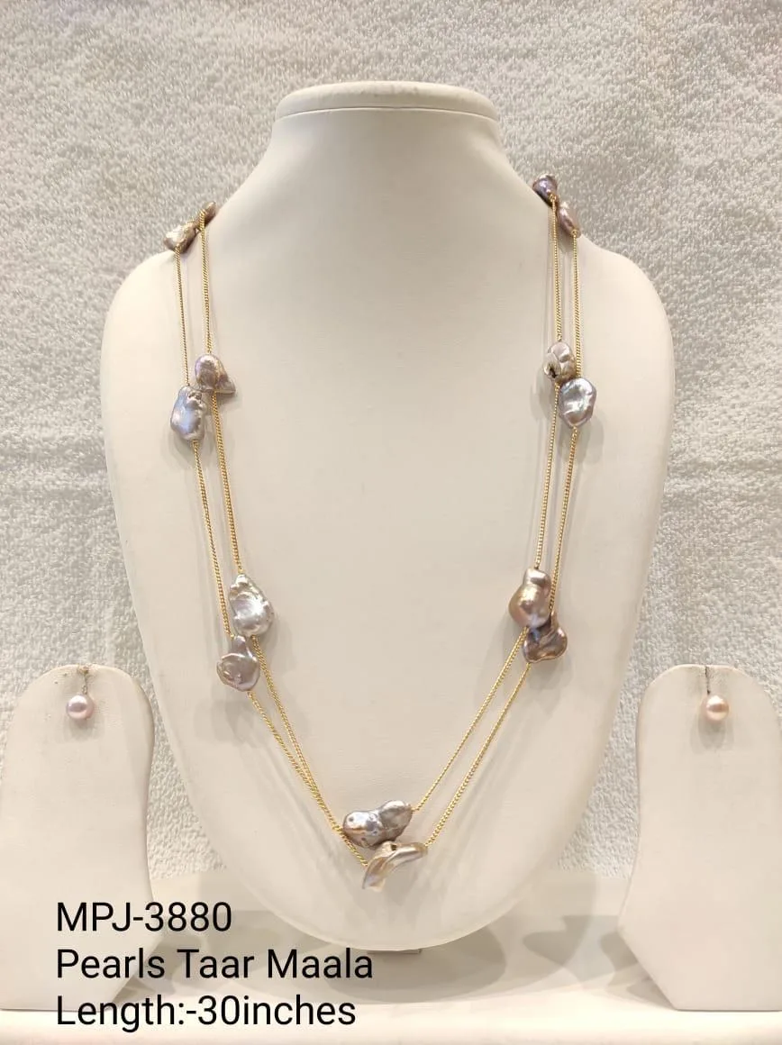 Grey Baroque Pearl Long Station Necklace Set — 30 in — Grey & Gold