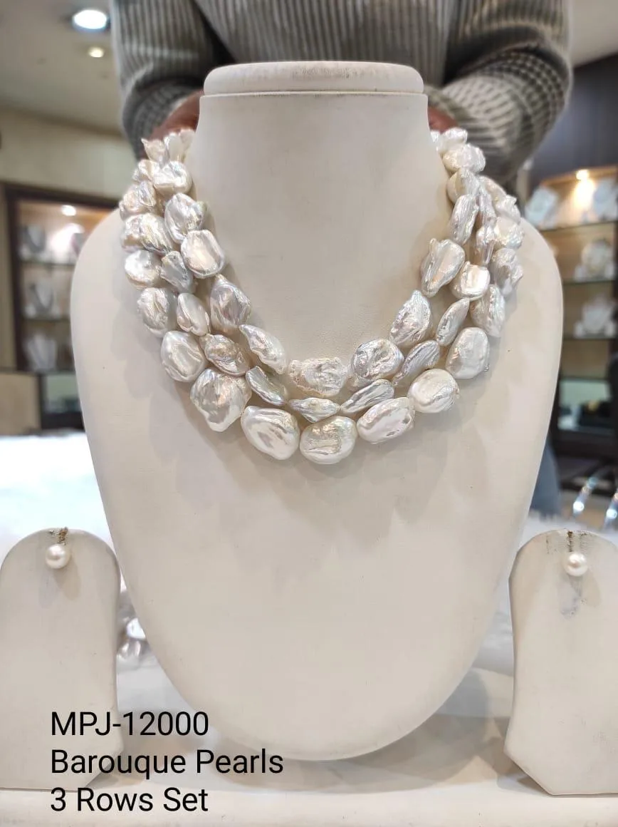 White Three-Row Statement Oval Pearl Necklace Set — White