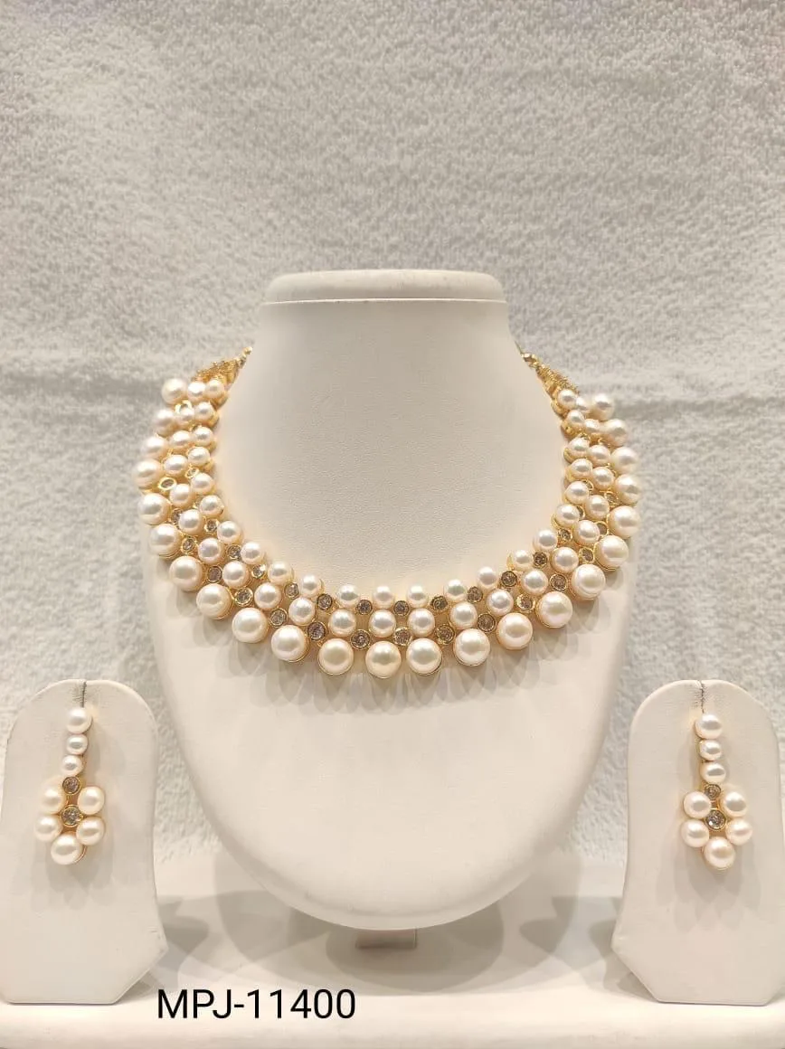 White & Gold — Freshwater Pearl Cluster Necklace Set — White & Gold